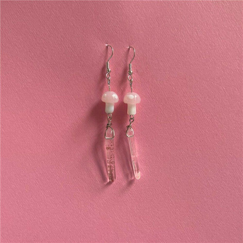 🍄 New Fashion Pink Mushroom Dangle Crystal Earring Set
